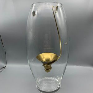 Ambrosia 12.75" Glass Hurricane with Brass Metal Hanging Tealight Holder
